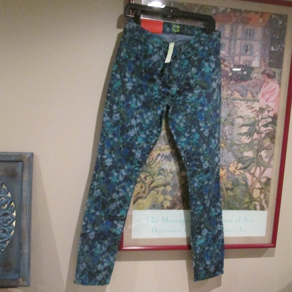 NWT C Wonder Skinny Jeans Blue Green English Garden Print 98% Cotton 2% Spandex